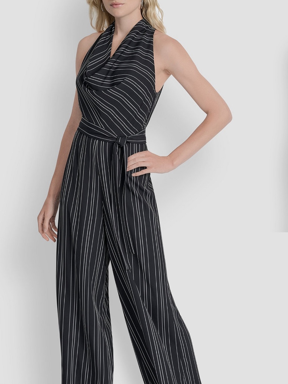 DKNY Black and White Pinstripe Halter Cowl-Neck Jumpsuit